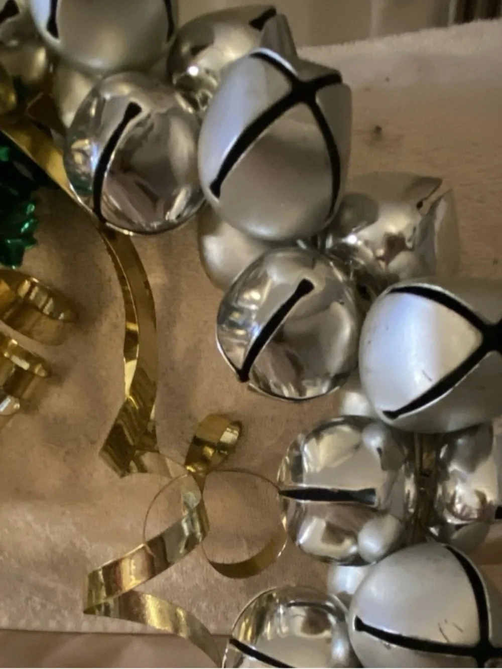 Silver Jingle Bell Holiday Wreath with Gold Ribbon